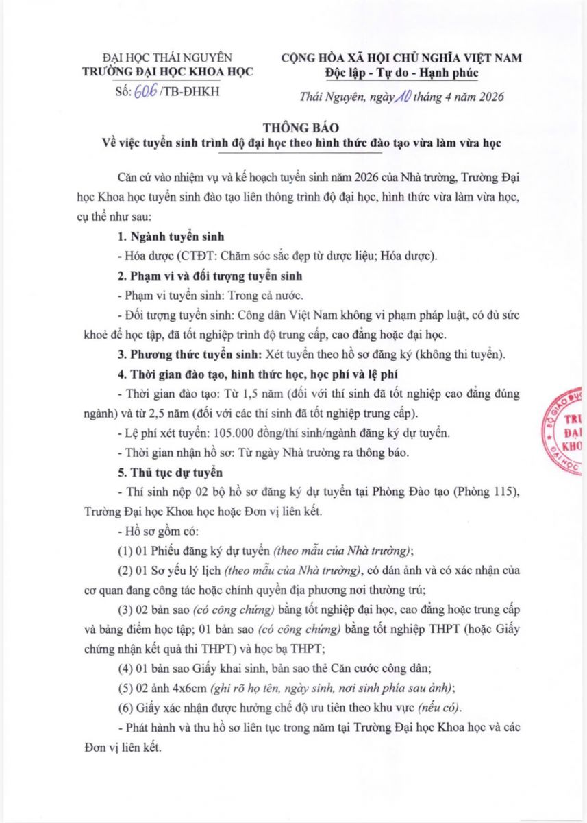 Thông báo về việc tuyển sinh trình độ đại học theo hình thức đào tạo vừa làm vừa học